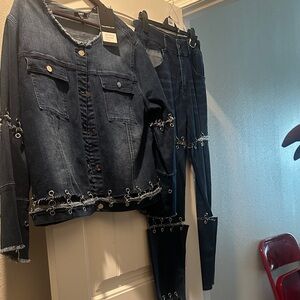 Topshop Navy Straight Leg Jeans with Eyelet Detail